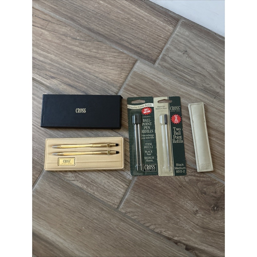 Vintage Cross 10k Gold Filled Pen And Pencil Set In Box W/ Refills & Leather Kit